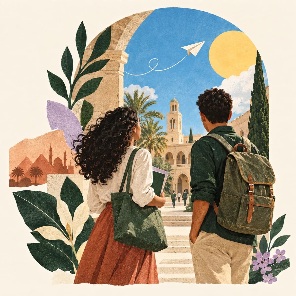 An illustration of two students looking toward a sunlit university courtyard.